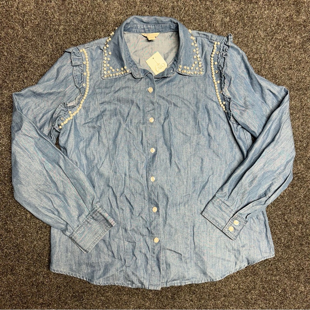 Cato Button Up Shirt Small Blue Embellished Pearl Rhinestone Western Cowgirl